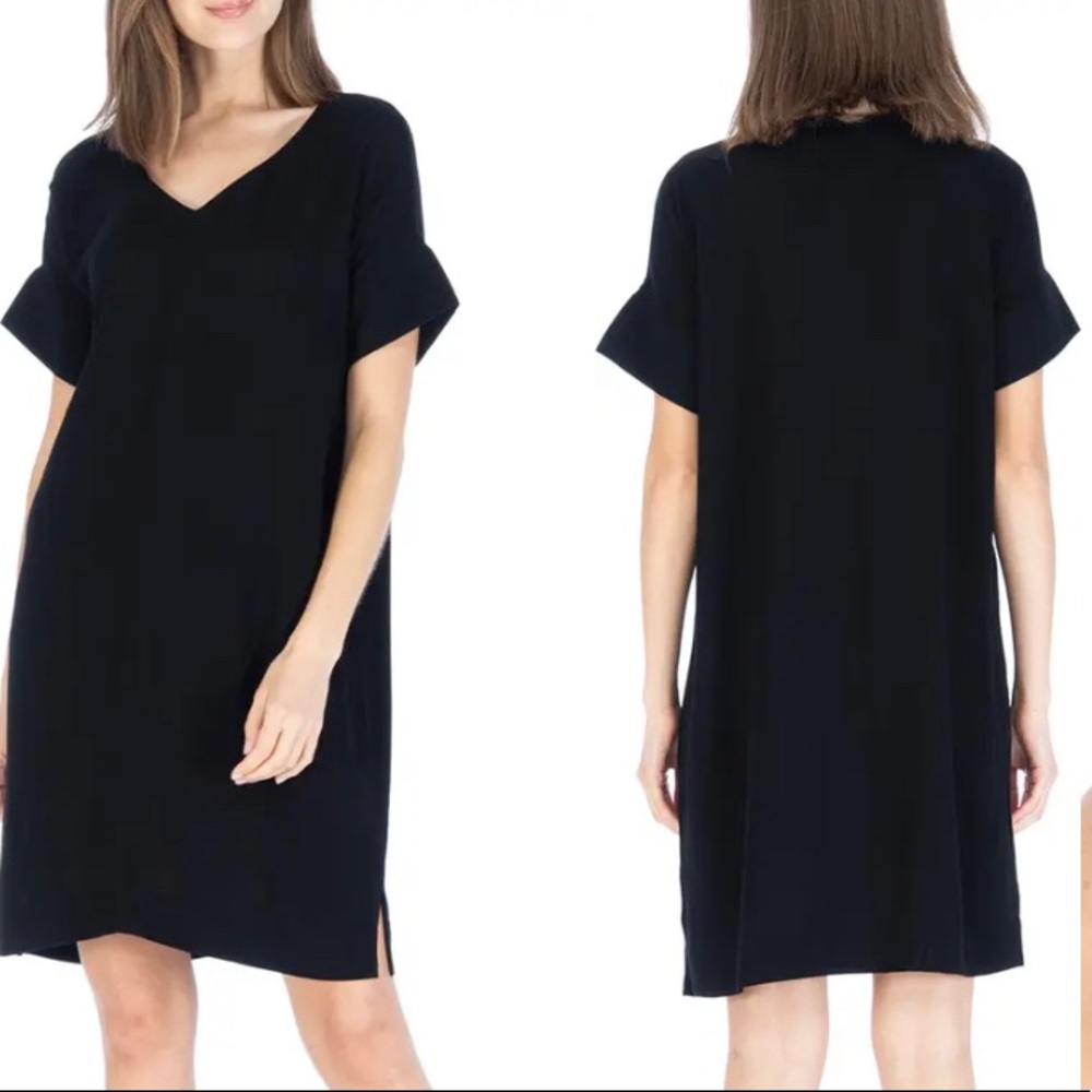 BOBEAU V-NECK SHIFT DRESS BLACK SHORT SLEEVES